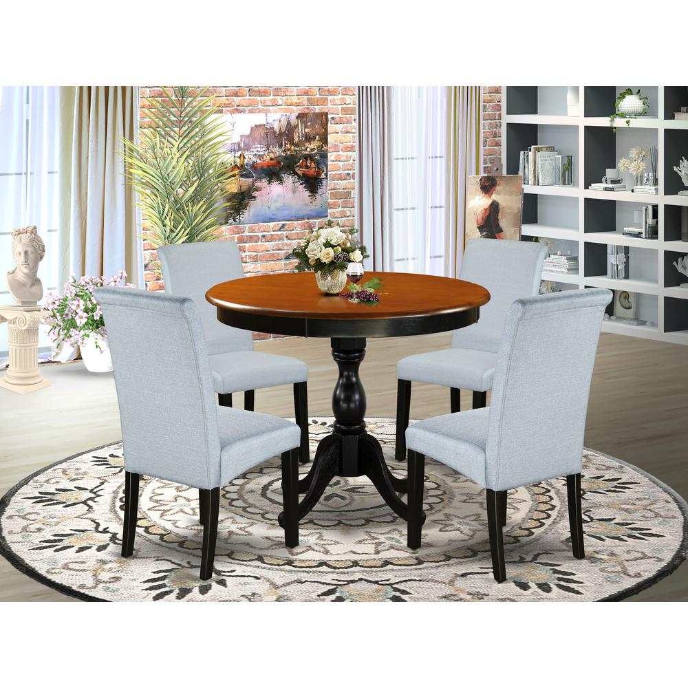 East West Furniture 5-Piece Dining Room Table Set Includes a Dinette Table and 4 Grey Linen Fabric Parsons Chairs with High Back - Black Finish. Picture 1