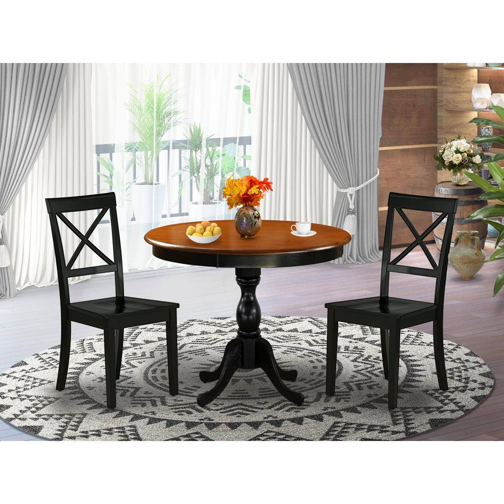 East West Furniture 3-Pc Kitchen Dining Table Set Includes a Dinner Table and 2 Wooden Dining Chairs with X-Back - Black Finish. Picture 1