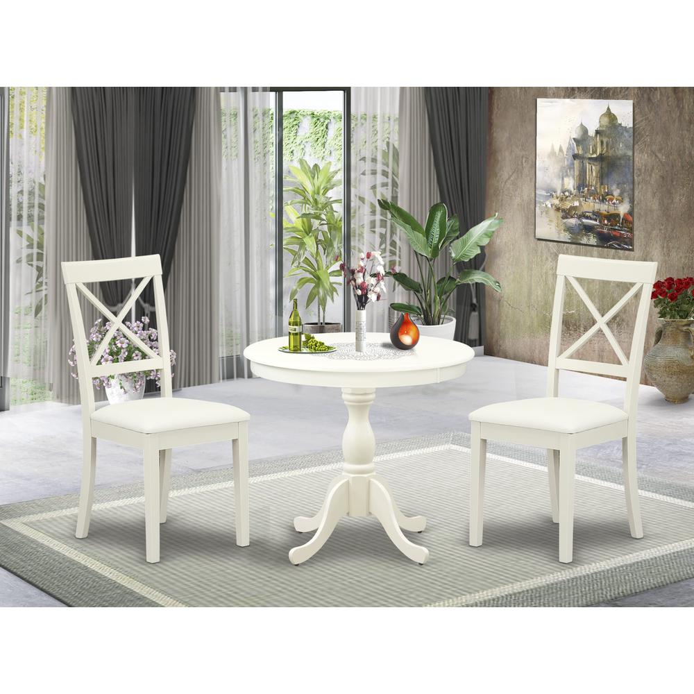 AMBO3-LWH-C 3 Pc Dining Room Set - 1 Pedestal Dining Table and 2 Linen White Dining Chair - Linen White Finish. Picture 1