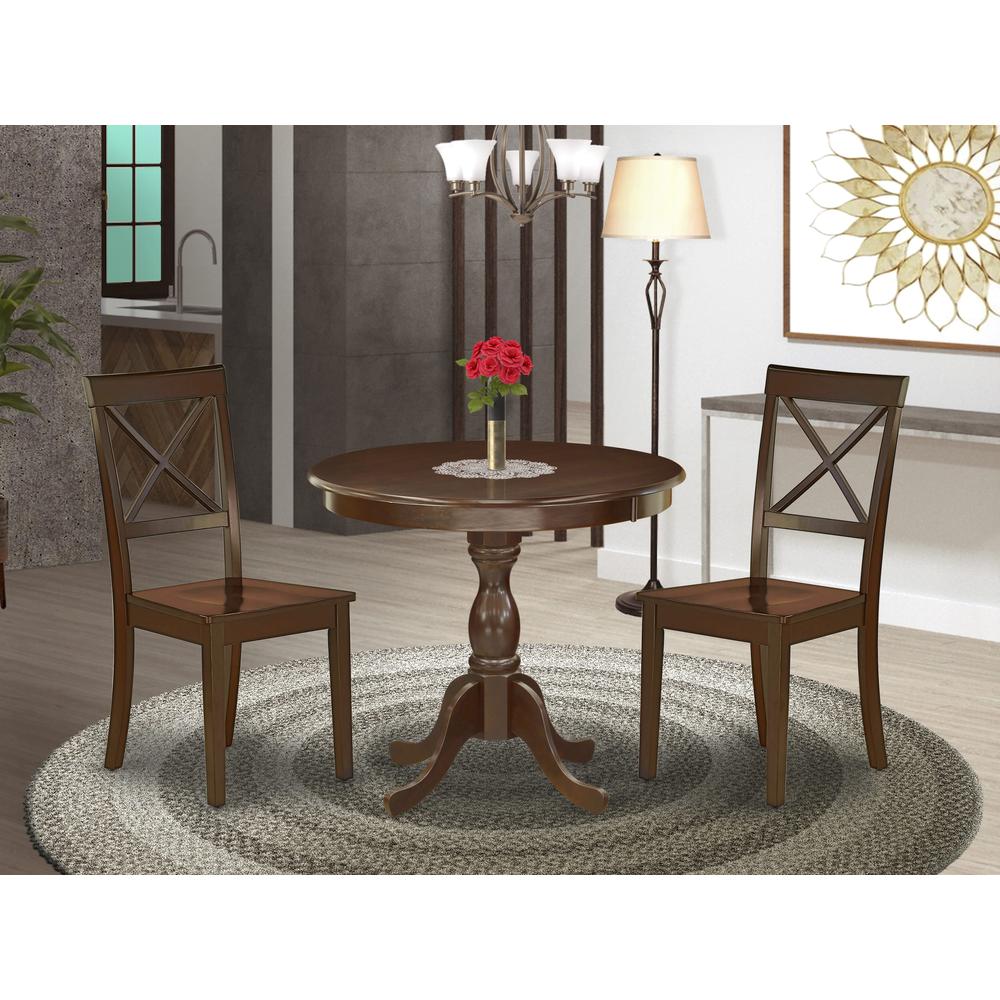 AMBO3-MAH-W 3 Pc Dining Room Set - 1 Round Pedestal Table and 2 Mahogany Dinning Chairs - Mahogany Finish. Picture 1