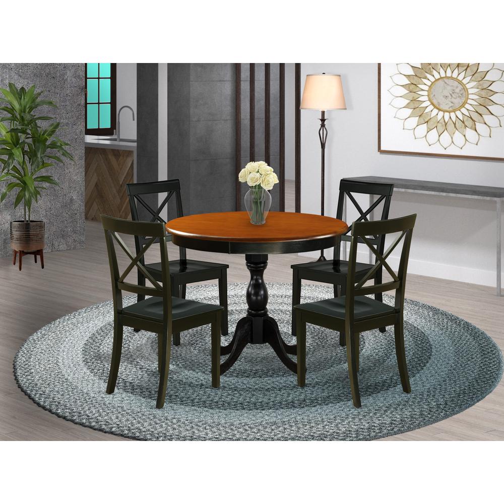East West Furniture 5-Piece Round Table Set Contains a Dinner Table and 4 Dining Room Chairs with X-Back - Black Finish. Picture 1