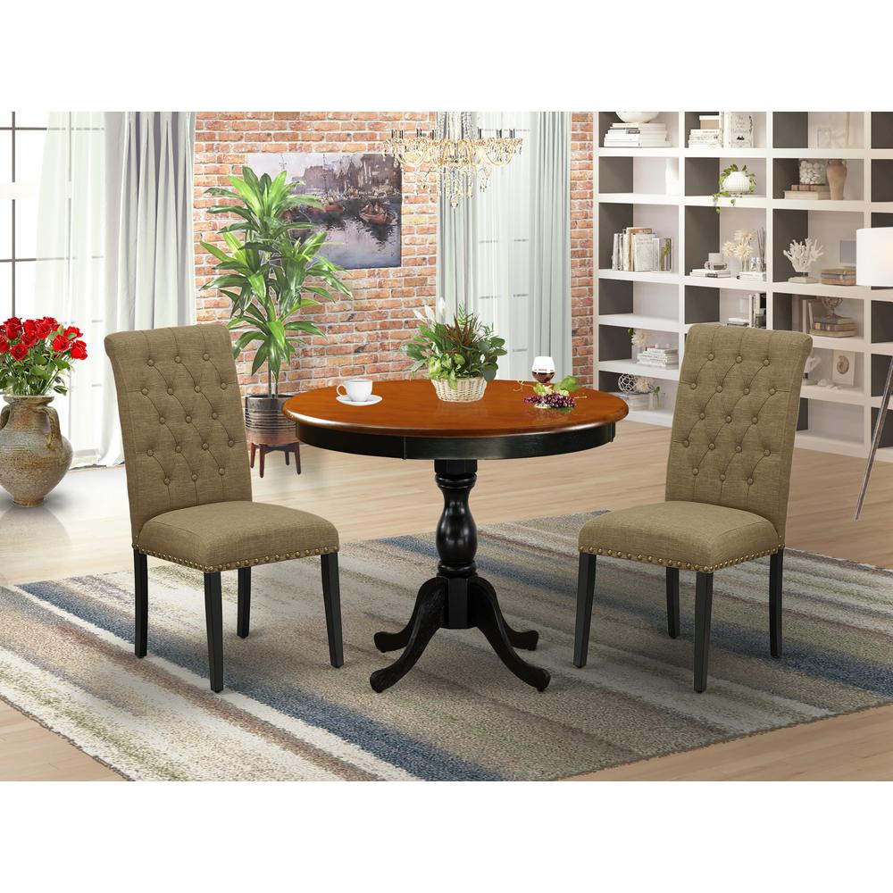 East West Furniture 3-Pc Modern Dining Set Includes a Wooden Dinner Table and 2 Light Sable Linen Fabric Upholstered Dining Chairs with Button Tufted Back - Black Finish. Picture 1