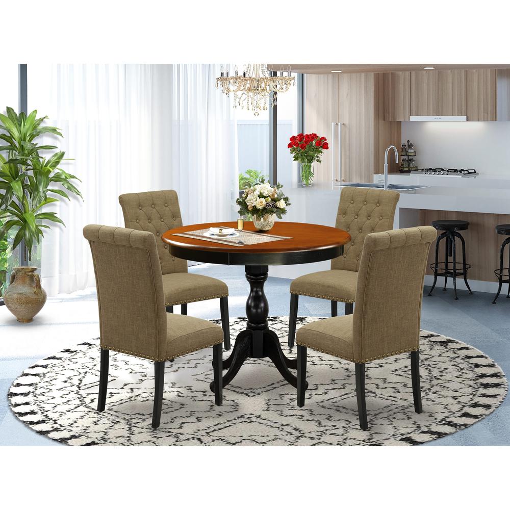 East West Furniture 5-Piece Dinning Table Set Includes a Dinning Table and 4 Light Sable Linen Fabric Modern Dining Chairs with Button Tufted Back - Black Finish. Picture 1