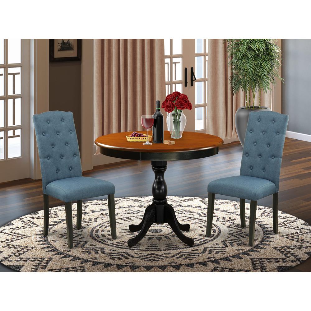 East West Furniture 3-Pc Dining Room Set Consists of a Dinette Table and 2 Blue Linen Fabric Mid Century Dining Chairs with Button Tufted Back - Black Finish. Picture 2