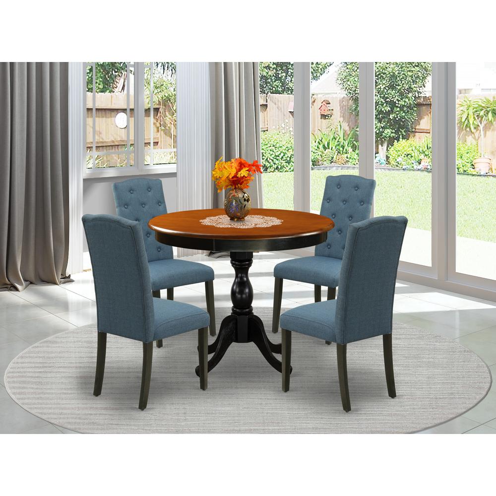 East West Furniture 5-Piece Wooden Dining Set Consists of a Wood Kitchen Table and 4 Blue Linen Fabric Parson Chairs with Button Tufted Back - Black Finish. Picture 1