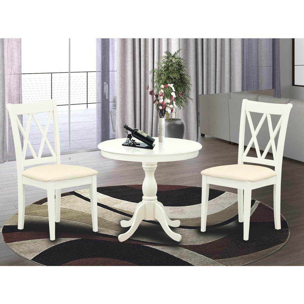 East West Furniture 3 Piece Dinning Room Table Set Contains 1 Wood Table and 2 Linen White Dining Room Chairs with Double X-Back - Linen White Finish. Picture 1
