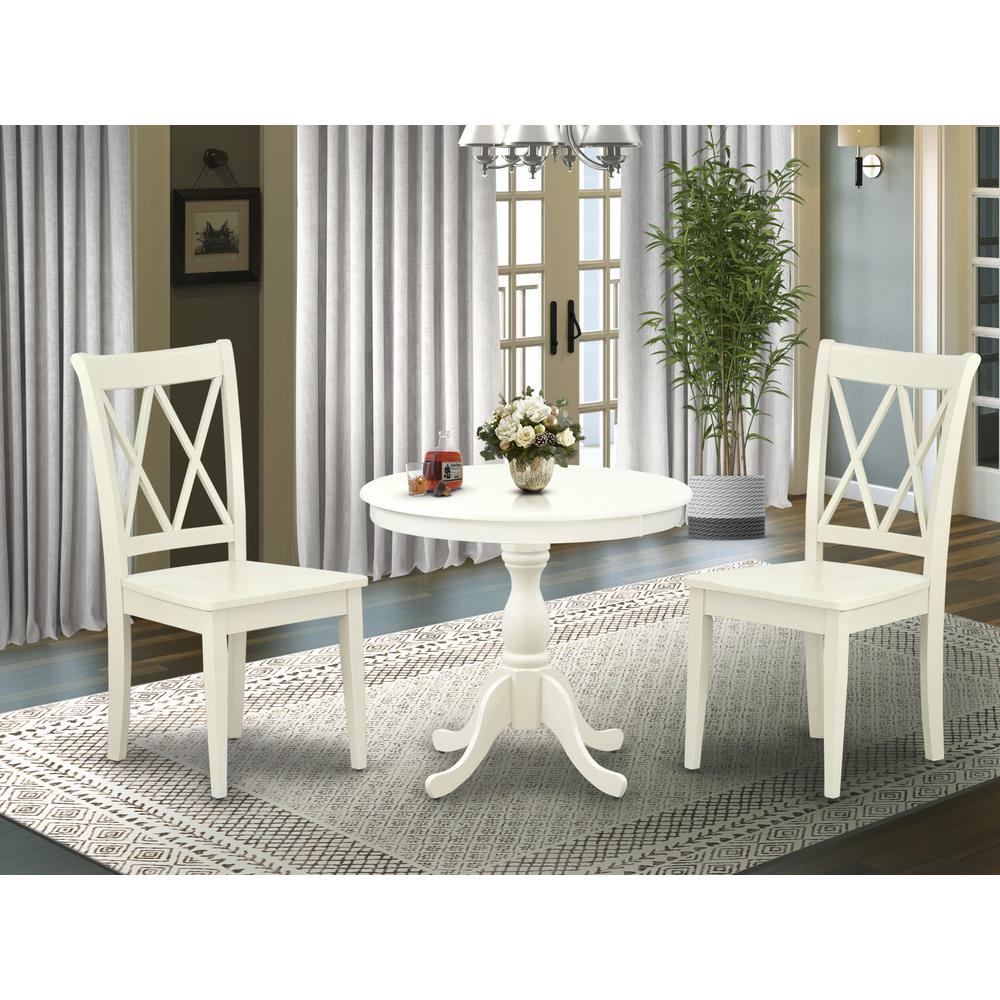 AMCL3-LWH-W 3 Piece Dining Room Set - 1 Pedestal Table and 2 Linen White Wooden Chairs - Linen White Finish. Picture 1