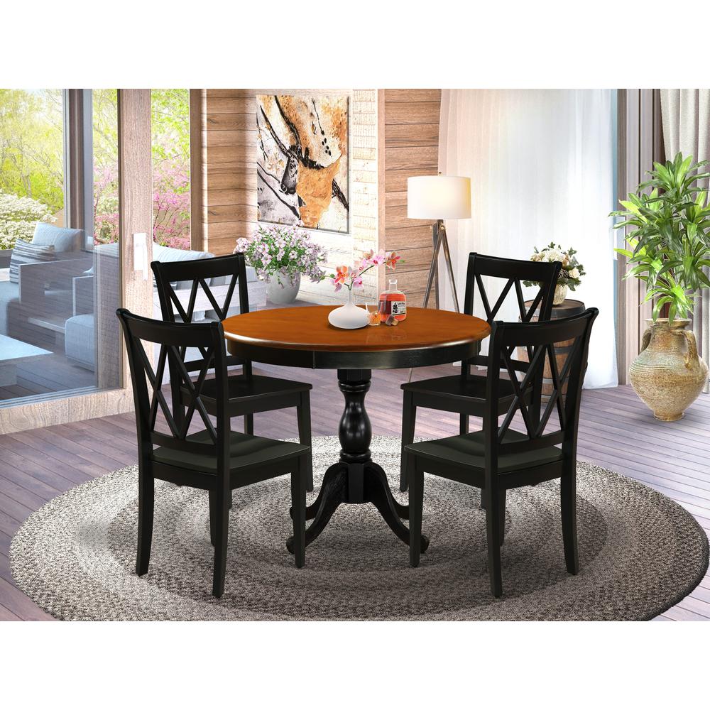East West Furniture 5-Piece Dining Room Set Contains a Modern Dining Table and 4 Mid Century Dining Chairs with Double-X Back - Black Finish. Picture 1
