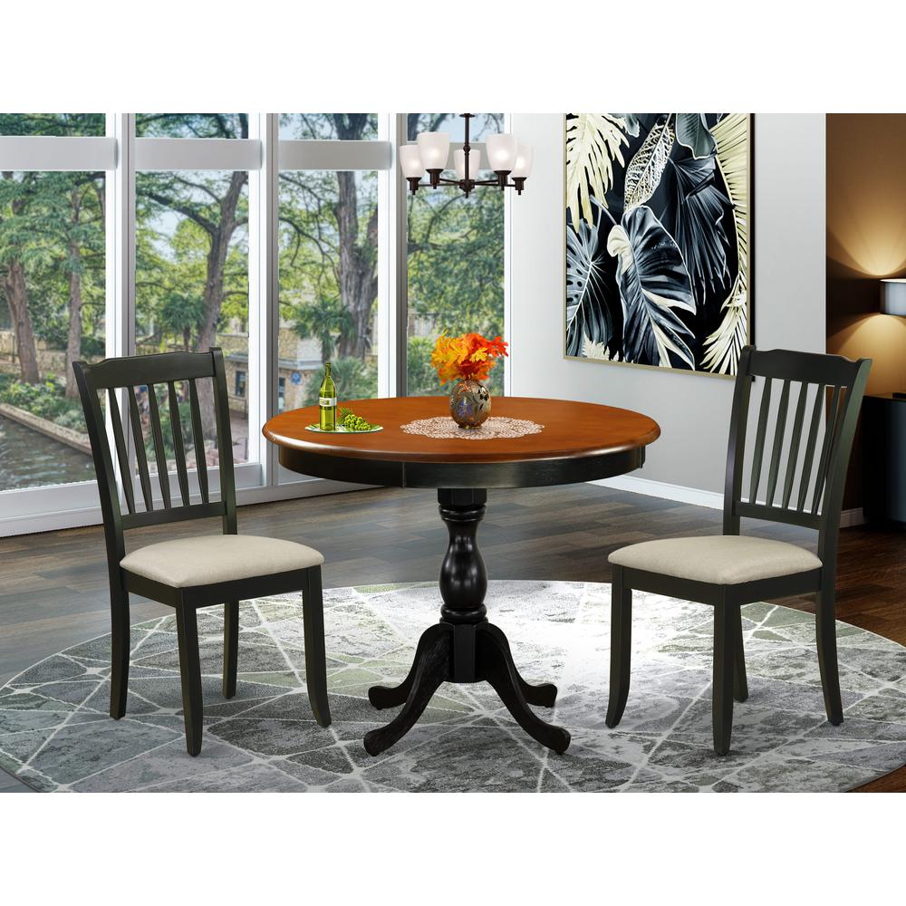 East West Furniture 3-Pc Dinning Room Set Includes a Wood Dining Room Table and 2 Linen Fabric Mid Century Dining Chairs with Slatted Back - Black Finish. Picture 2