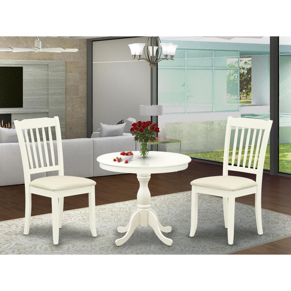 AMDA3-LWH-C 3 Piece Dining Room Set - 1 Dining Table and 2 Linen White Dining Chairs - Linen White Finish. Picture 1