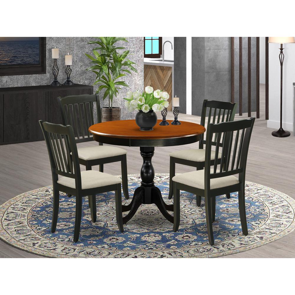 East West Furniture 5-Piece Modern Dining Set Includes a Round Wood Table and 4 Linen Fabric Dining Room Chairs with Slatted Back - Black Finish. Picture 1