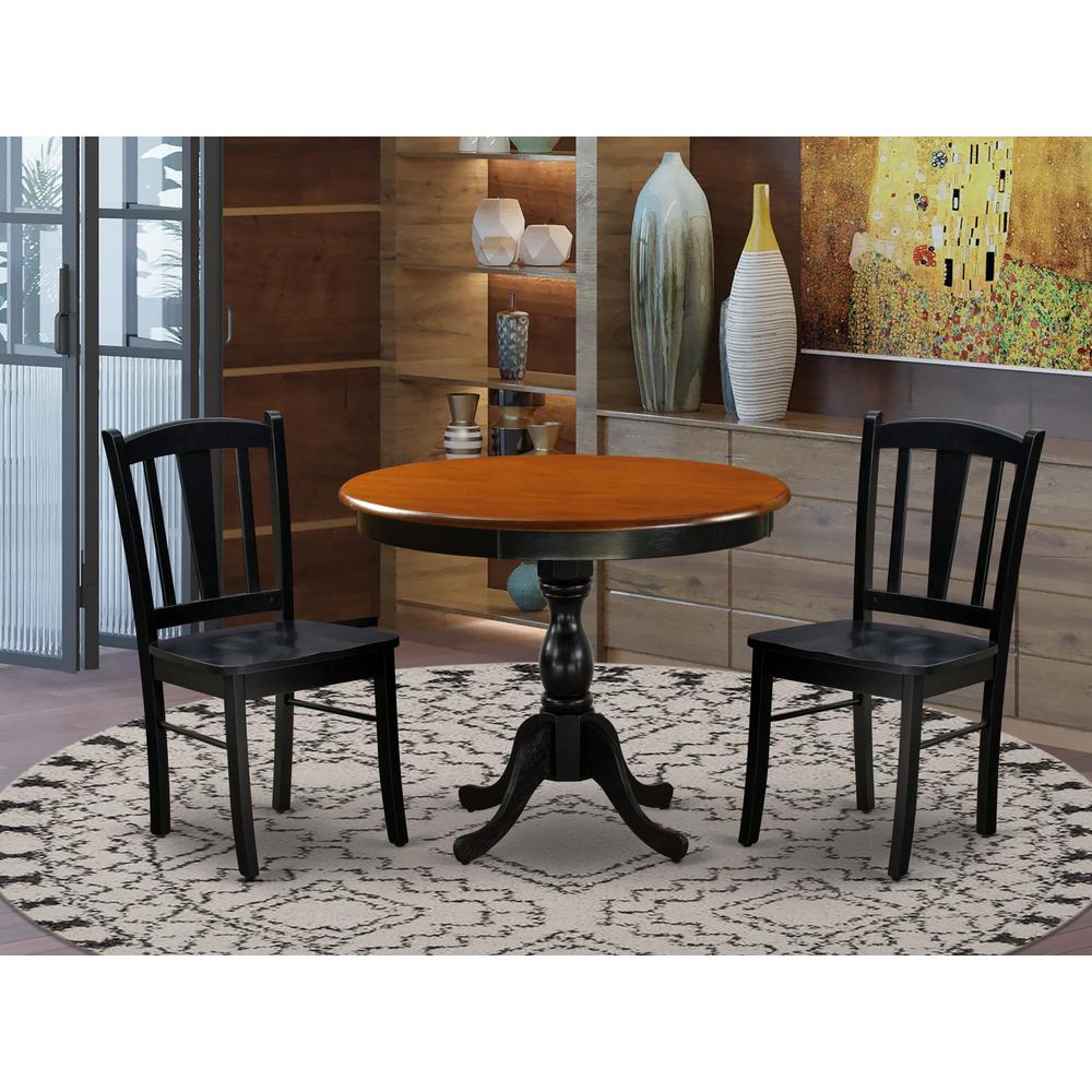 East West Furniture 3-Pc Kitchen Dining Table Set Contains a Dining Table and 2 Mid Century Dining Chairs with Slatted Back - Black Finish. Picture 1