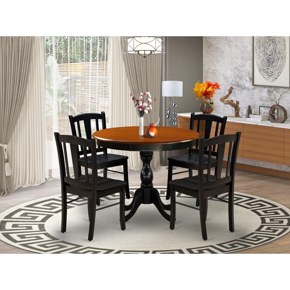 East West Furniture 5-Piece Modern Dining Set Includes a Round Wood Table and 4 Dining Room Chairs with Slatted Back - Black Finish. Picture 1