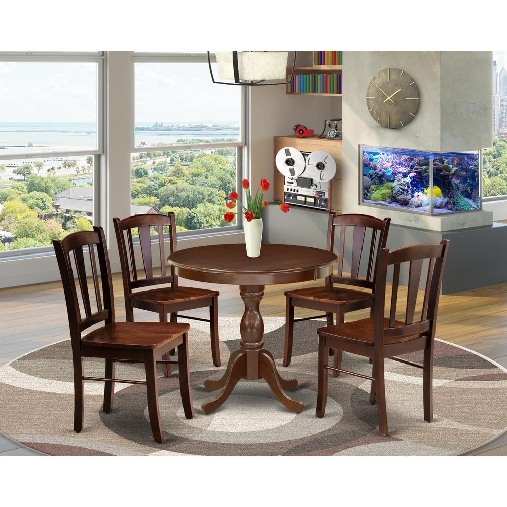 AMDL5-MAH-W - 5-Piece Modern Dining Set- 4 Dining Chair and Wood Dining Table - Wooden Seat and Slatted Chair Back - Mahogany Finish. Picture 1