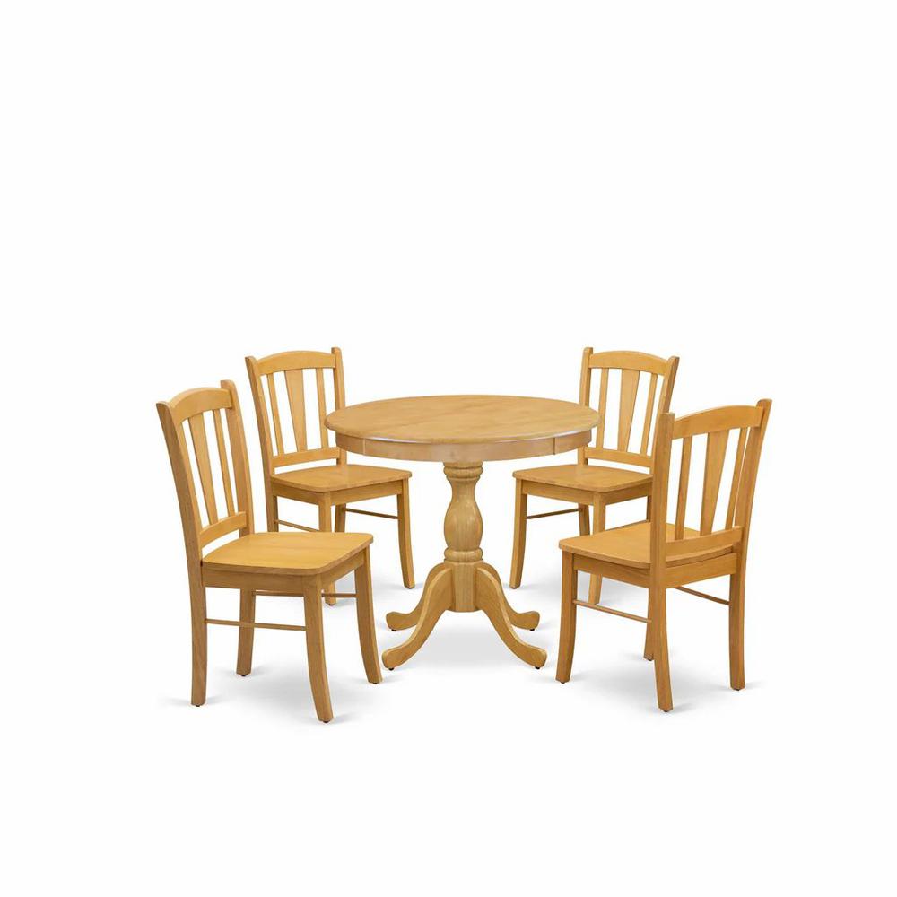 AMDL5-OAK-W - 5-Piece Dining Room Table Set- 4 dining room chairs and Kitchen Dining Table - Wooden Seat and Slatted Chair Back - Oak Finish. Picture 1