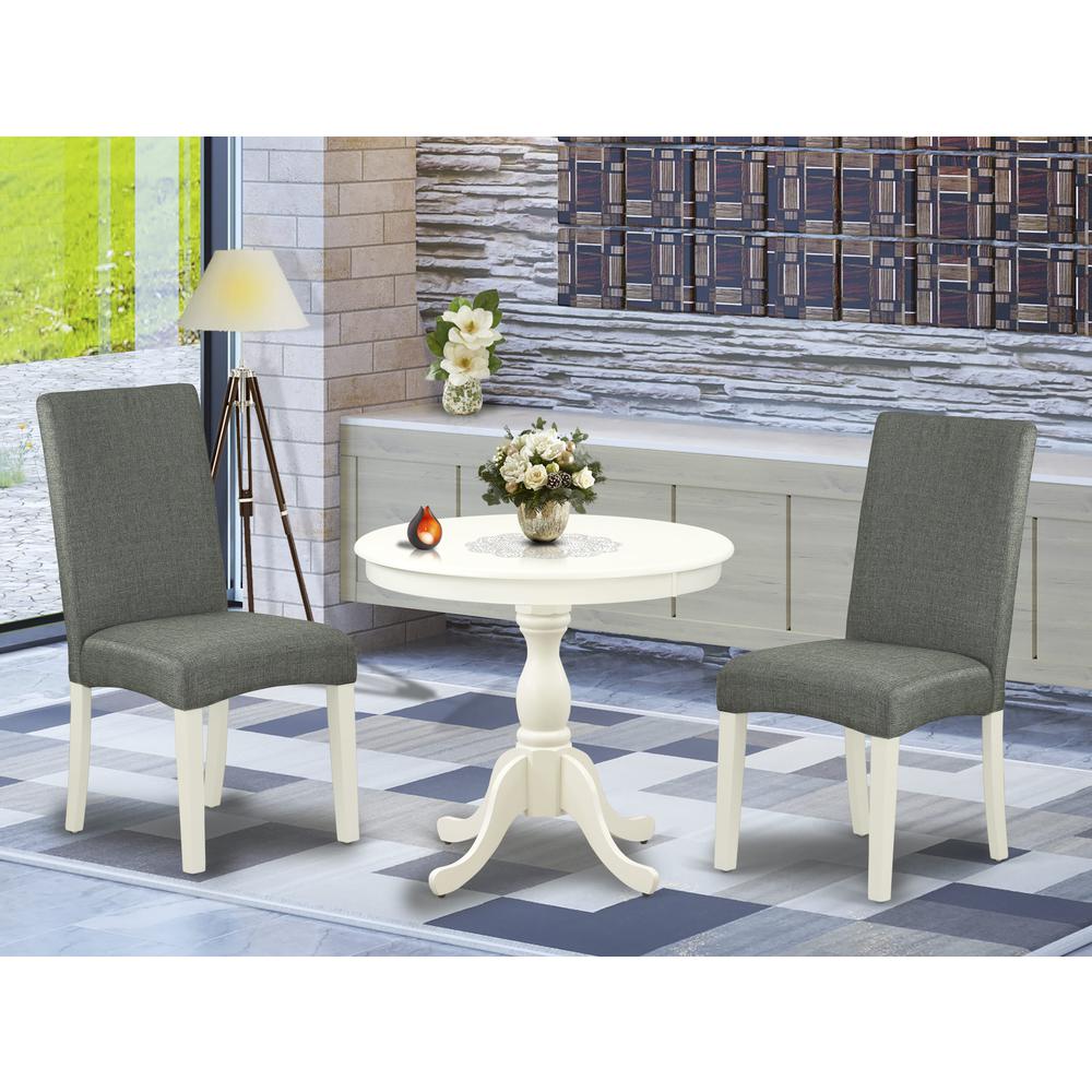 AMDR3-LWH-07 3 Piece Kitchen Table Set - 1 Modern Dining Table and 2 Grey Dining Chairs - Linen White Finish. Picture 1