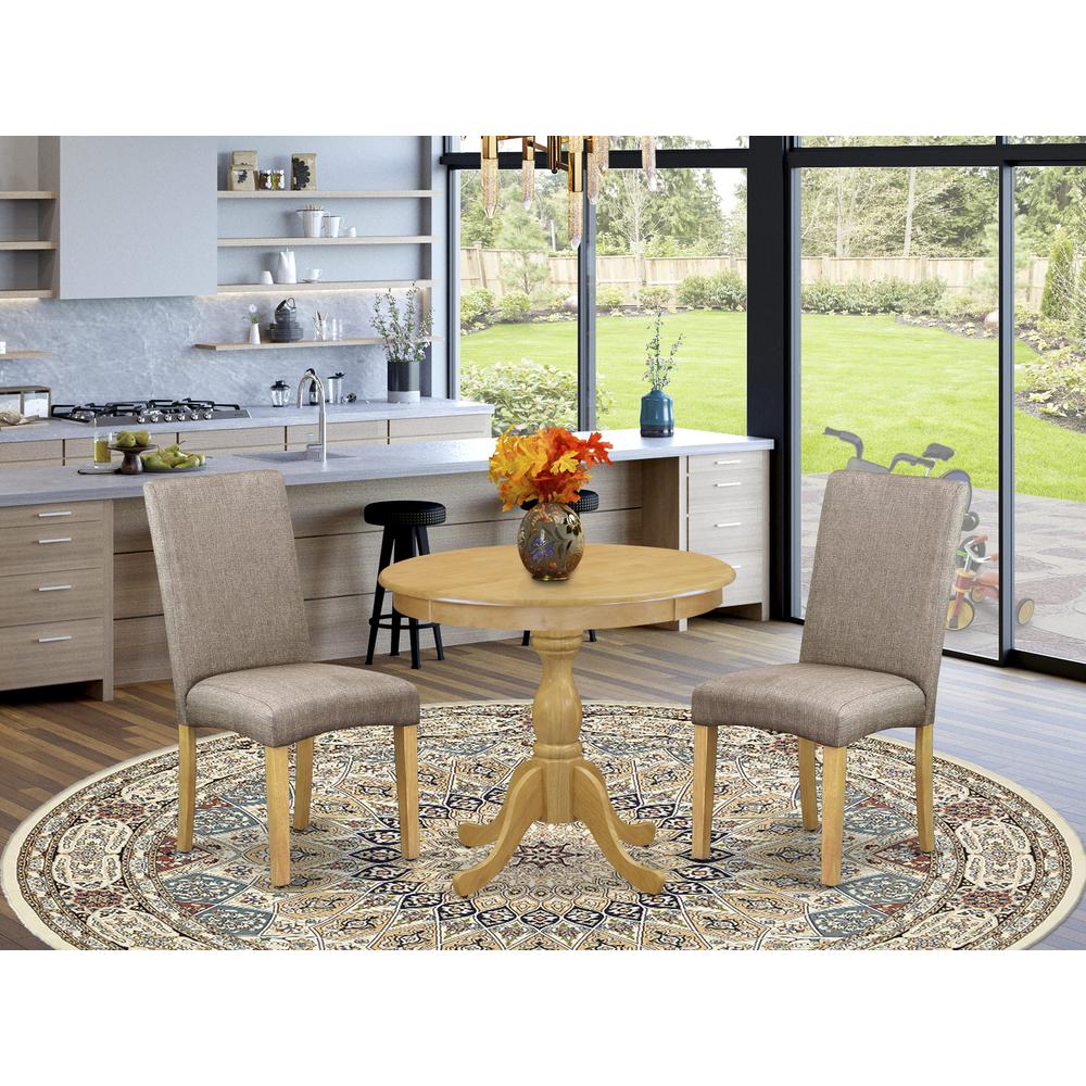 AMDR3-OAK-16 3 Piece Dining Table Set - 1 Pedestal Dining Table and 2 Dark Khaki Parson Chairs - Oak Finish. Picture 1