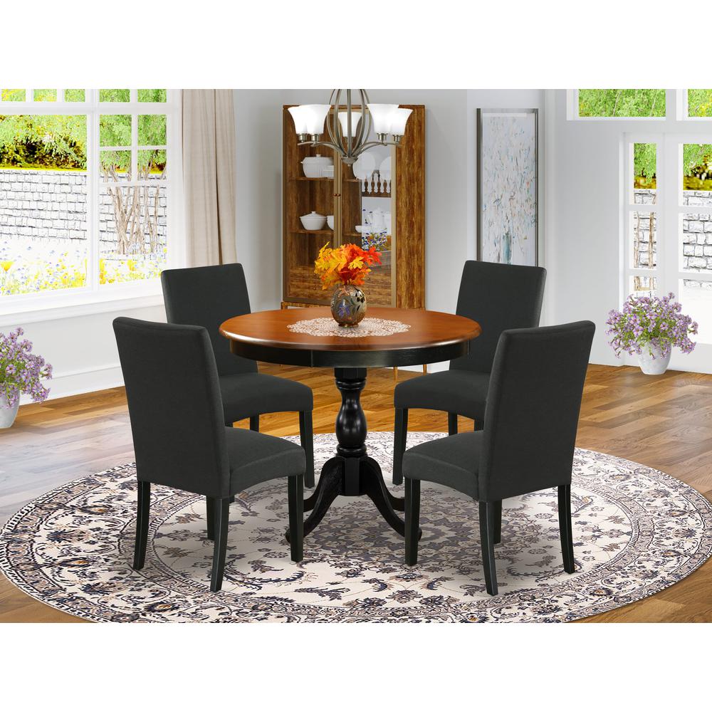 East West Furniture 5-Piece Round Dining Set Includes a Wooden Dinner Table and 4 Black Linen Fabric Parson Dining Chairs with High Back - Black Finish. Picture 1