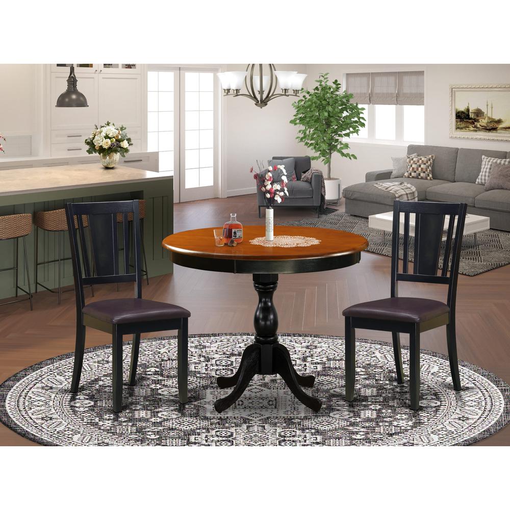 East West Furniture 3-Pc Dining Room Table Set Contains a Mid Century Dining Table and 2 Faux Leather Dining Chairs with Panel Back - Black Finish. Picture 1