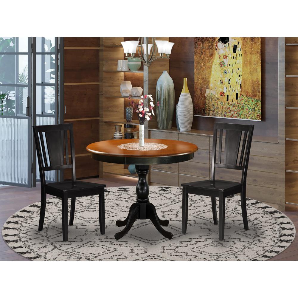 East West Furniture 3-Piece Modern Dining Set Consists of a Dinette Table and 2 Dinning Chairs with Panel Back - Black Finish. Picture 2
