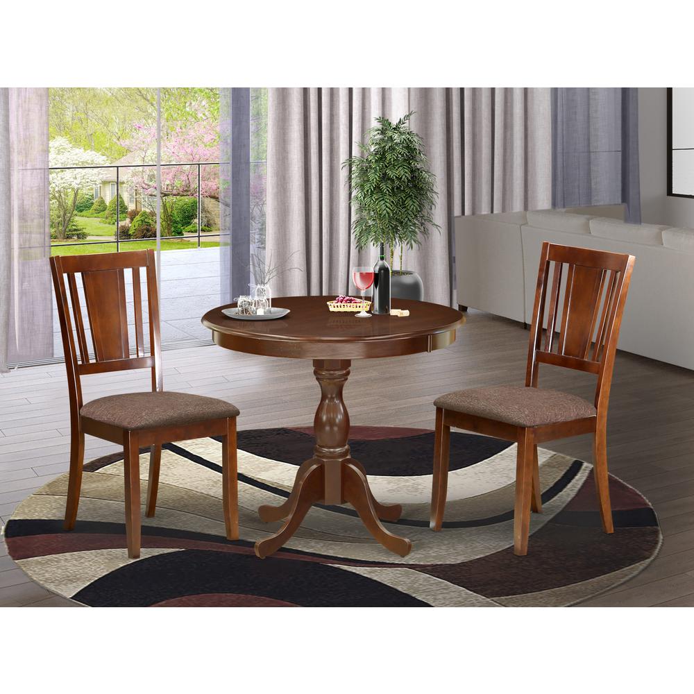 AMDU3-MAH-C 3 Piece Dining Table Set - 1 Round Pedestal Table and 2 Mahogany Kitchen Chair - Mahogany Finish. Picture 1