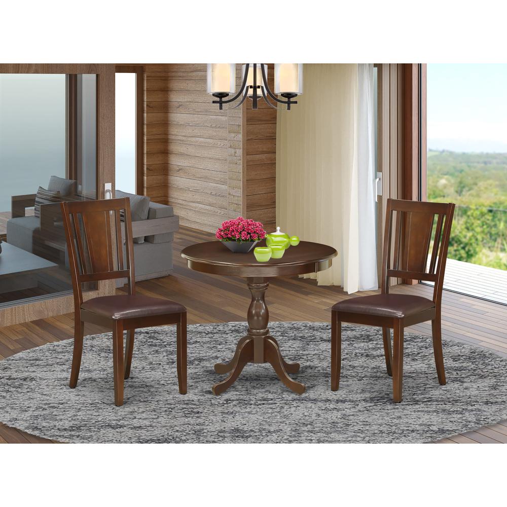 AMDU3-MAH-LC 3 Piece Modern Dining Table Set Contains 1 Round Pedestal Table and 2 Mahogany Faux Leather Kitchen Chair with Panel Back - Mahogany Finish. Picture 1