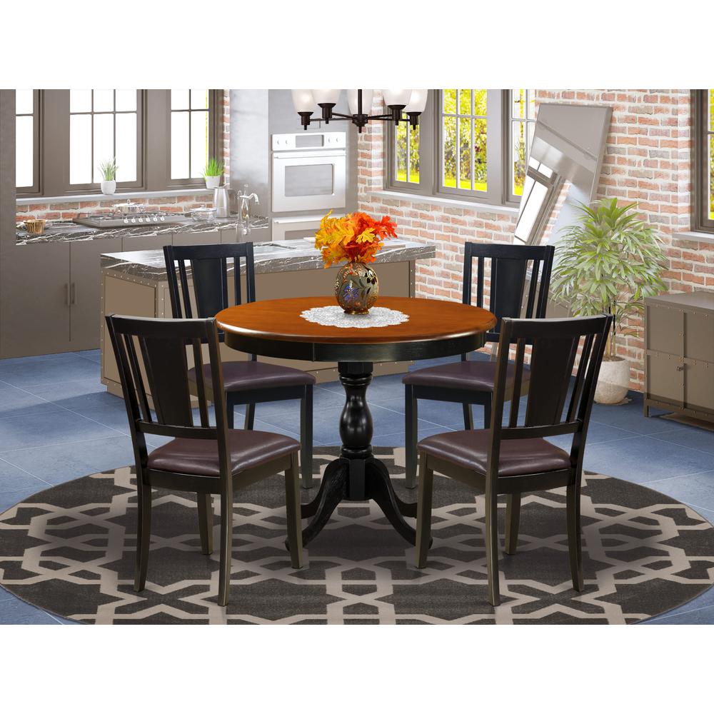 East West Furniture 5-Pc Dining Room Set Includes a Wooden Kitchen Table and 4 Faux Leather Dining Chairs with Panel Back - Black Finish. Picture 2