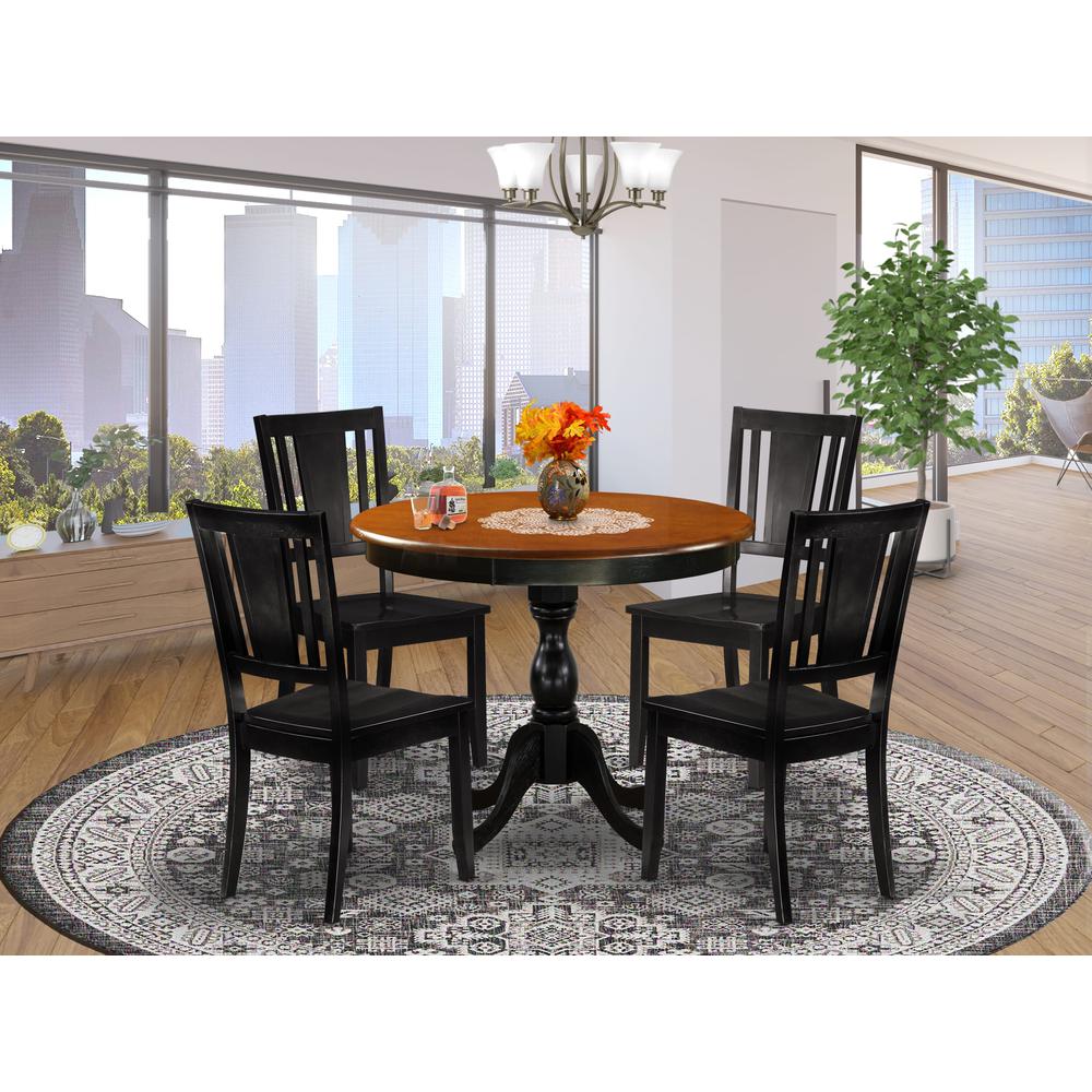East West Furniture 5-Piece Dining Room Table Set Contains a Dining Table and 4 Wooden Dining Chairs with Panel Back - Black Finish. Picture 1