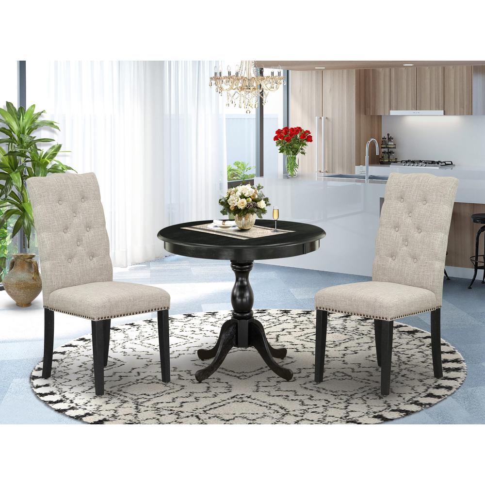 East West Furniture 3 Piece Dining Set Consists of 1 Modern Dining Table and 2 Doeskin Linen Fabric Dining Chairs Button Tufted Back with Nail Heads - Wire Brushed Black Finish. Picture 1