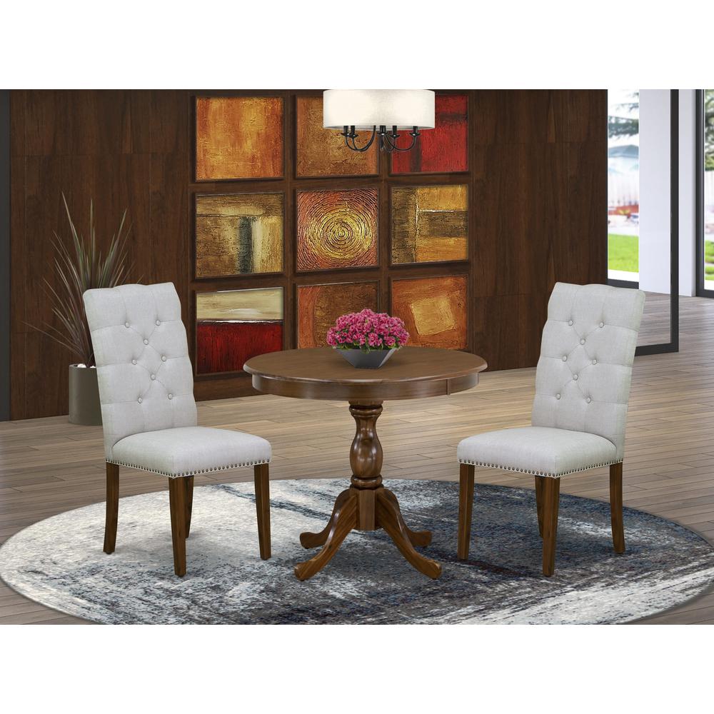 East West Furniture 3 Piece Dinette Set Consists of 1 Pedestal Table and 2 Grey Linen Fabric Kitchen Chair Button Tufted Back with Nail Heads - Acacia Walnut Finish. Picture 1