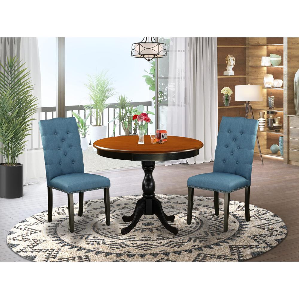 East West Furniture 3-Pc Dining Table Set Includes a Wooden Dining Table and 2 Blue Linen Fabric Parson Chairs with Button Tufted Back - Black Finish. Picture 1