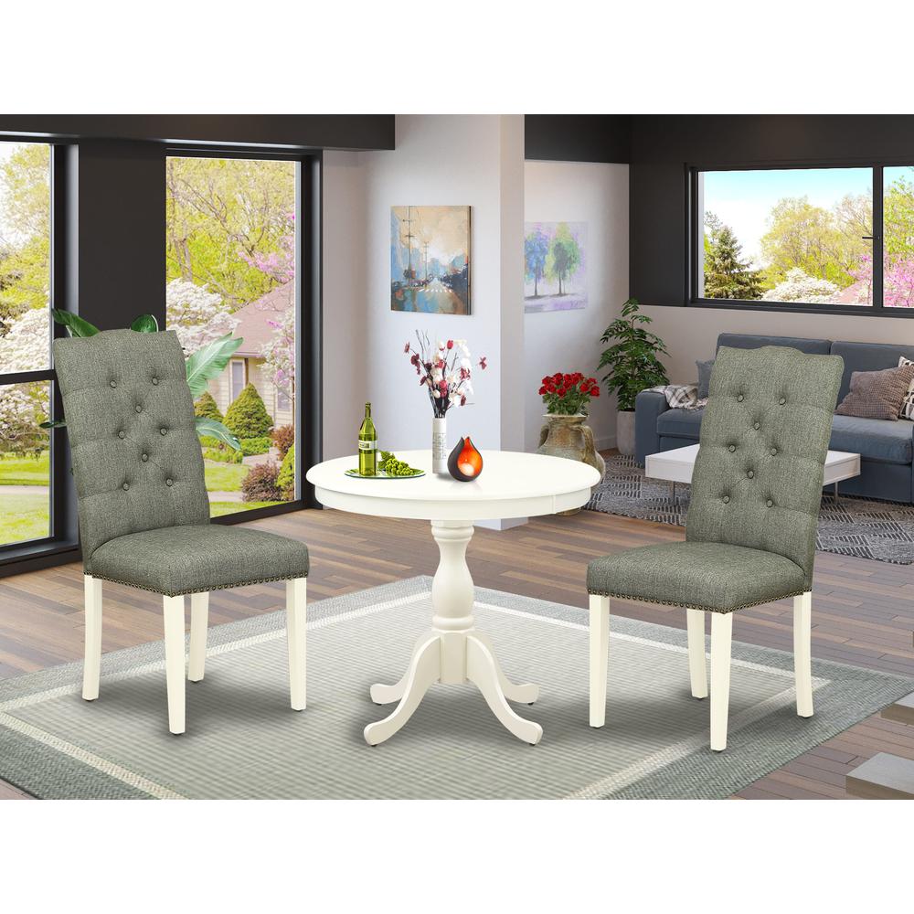 AMEL3-LWH-07 3 Piece Dining Set - 1 Round Pedestal Table and 2 Smoke Dining Room Chairs - Linen White Finish. Picture 1