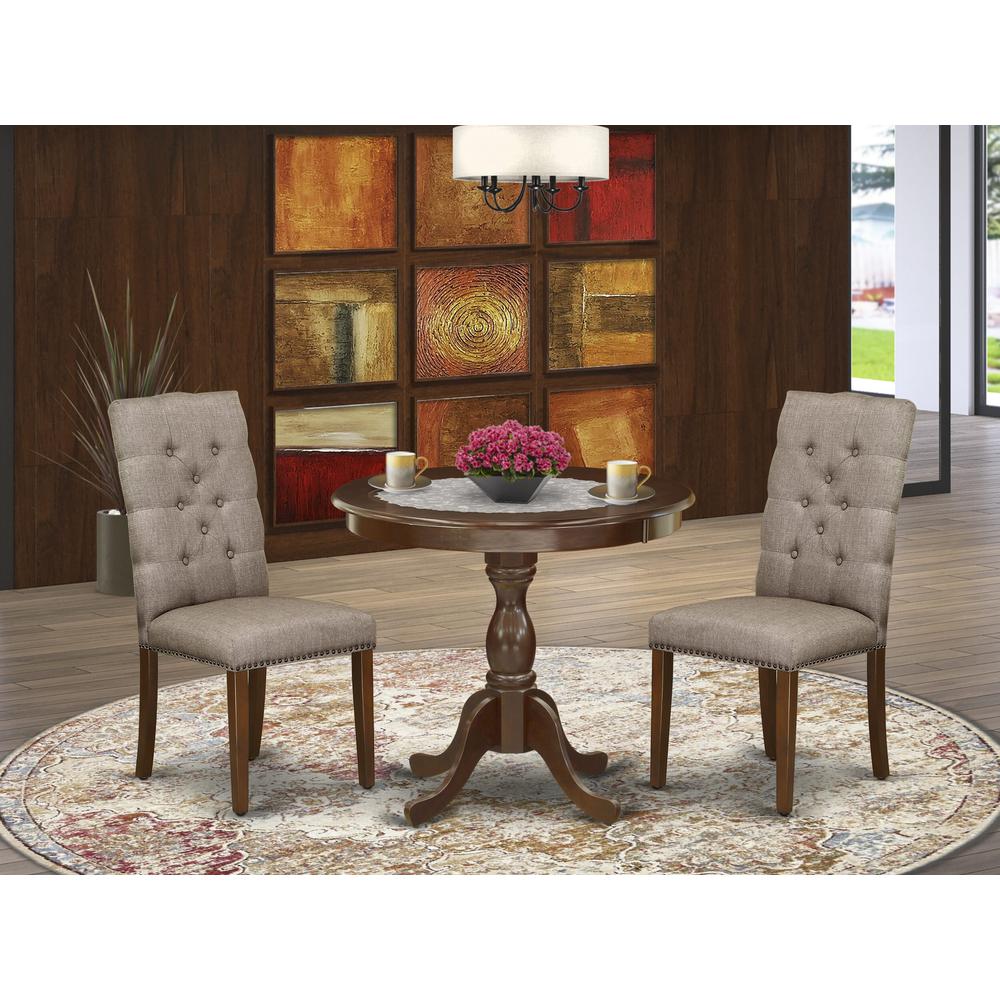 AMEL3-MAH-16 3 Piece Dining Table Set - 1 Dinner Table and 2 Dark Khaki Upholstered Chairs - Mahogany Finish. Picture 1