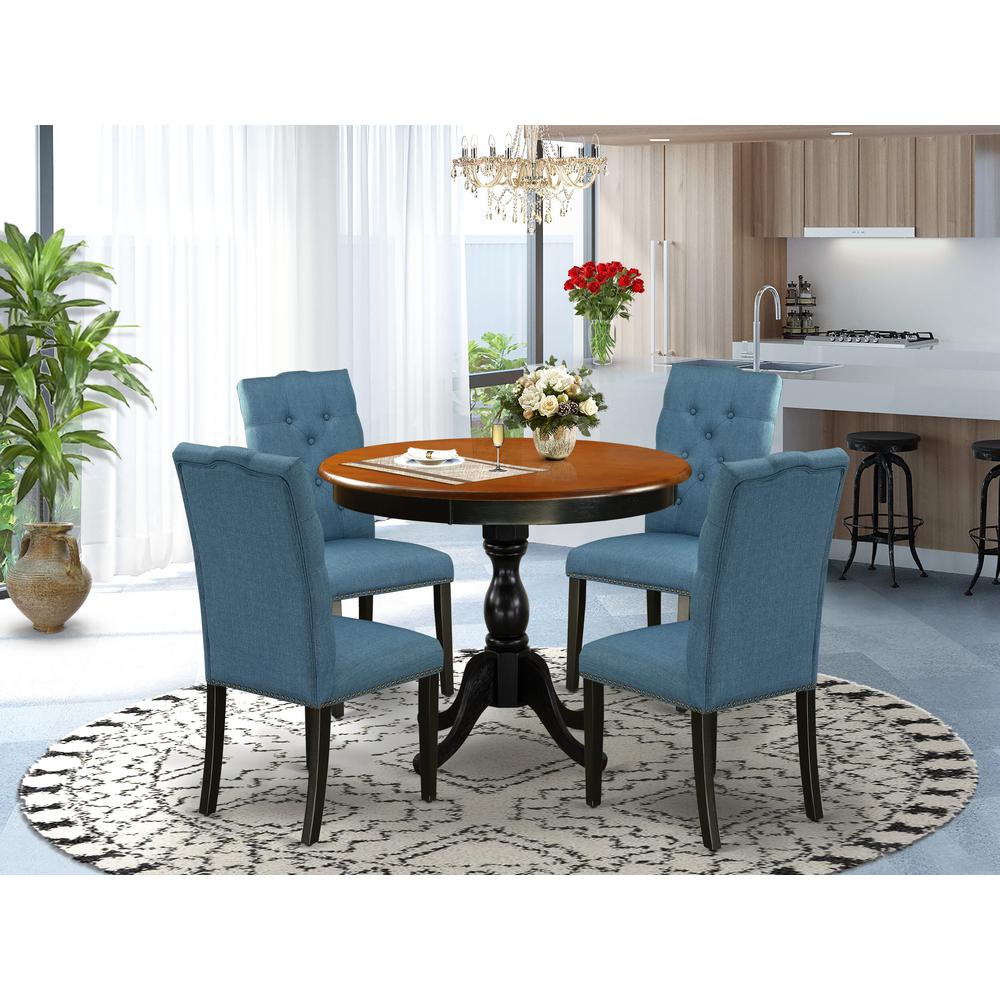East West Furniture 5-Piece Kitchen Dining Table Set Includes a Round Dining Table and 4 Blue Linen Fabric Kitchen Chairs with Button Tufted Back - Black Finish. Picture 1