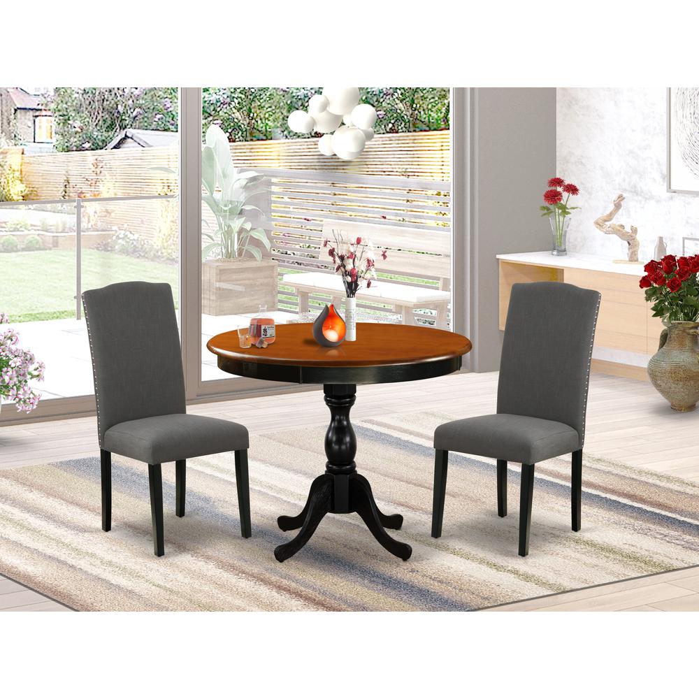East West Furniture 3-Pc Wooden Dining Set Includes a Wood Table and 2 Dark Gotham Grey Linen Fabric Kitchen Chairs with High Back - Black Finish. Picture 2