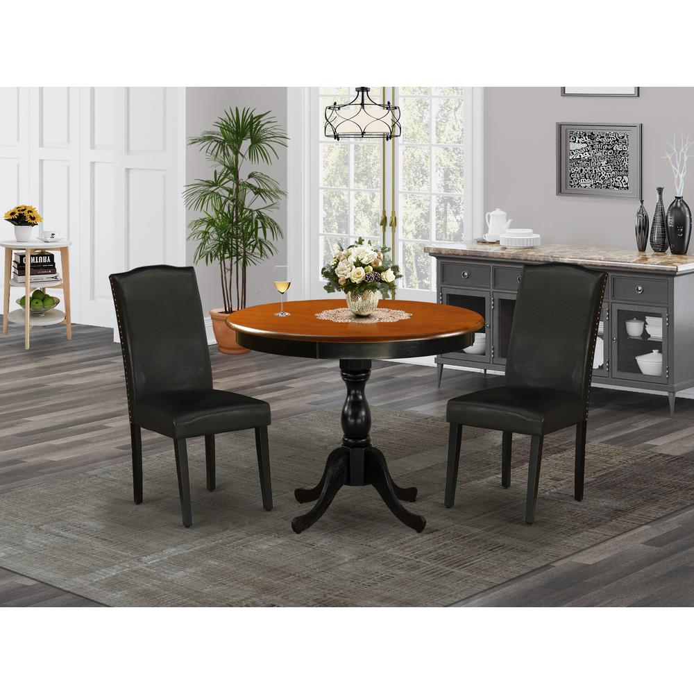 East West Furniture 3-Piece Dinner Table Set Includes a Kitchen Dining Table and 2 Black PU Leather Padded Chairs with High Back - Black Finish. Picture 1