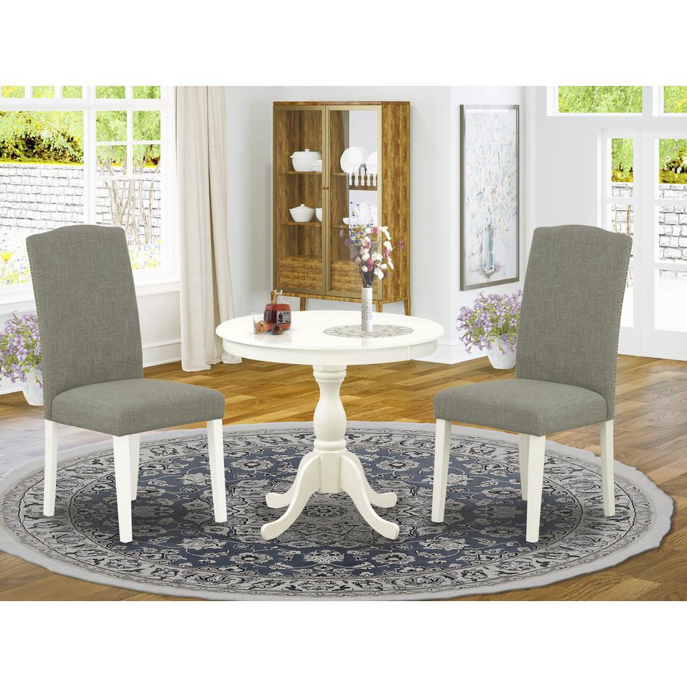 AMEN3-LWH-06 3 Piece Dining Set - 1 Pedestal Table and 2 Dark Shitake Dining Room Chair - Linen White Finish. Picture 1
