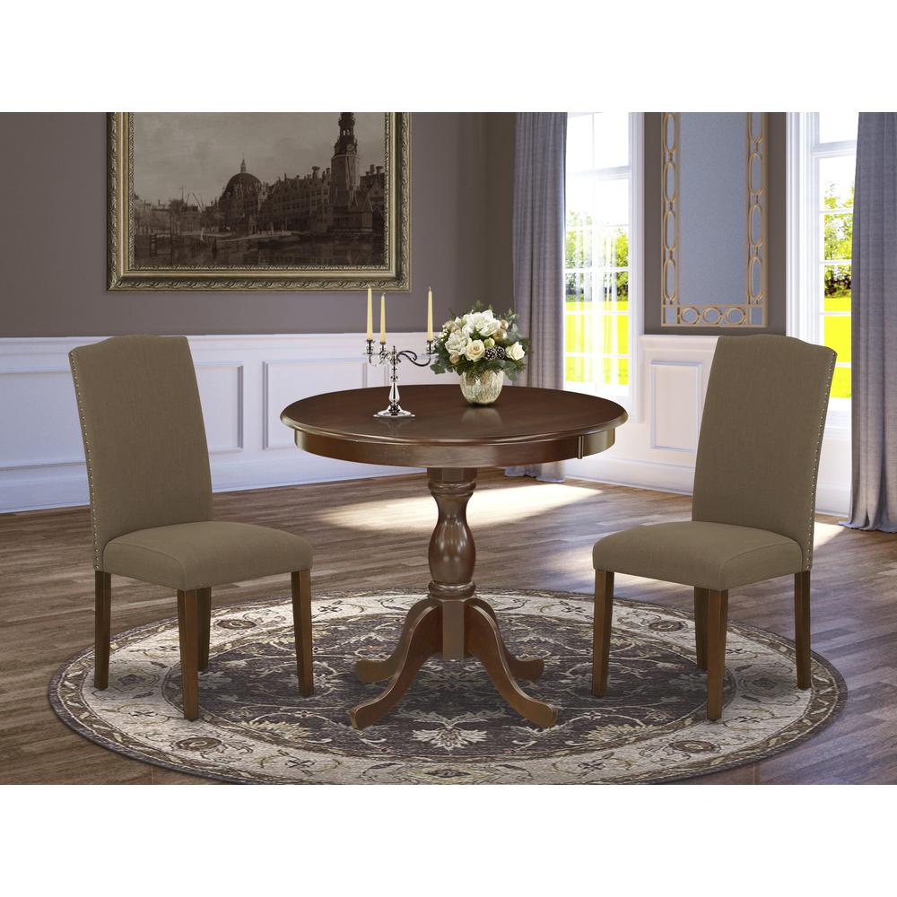 AMEN3-MAH-18 3 Piece Dining Table Set - 1 Pedestal Table and 2 Dark Coffee Dining Chairs - Mahogany Finish. Picture 1