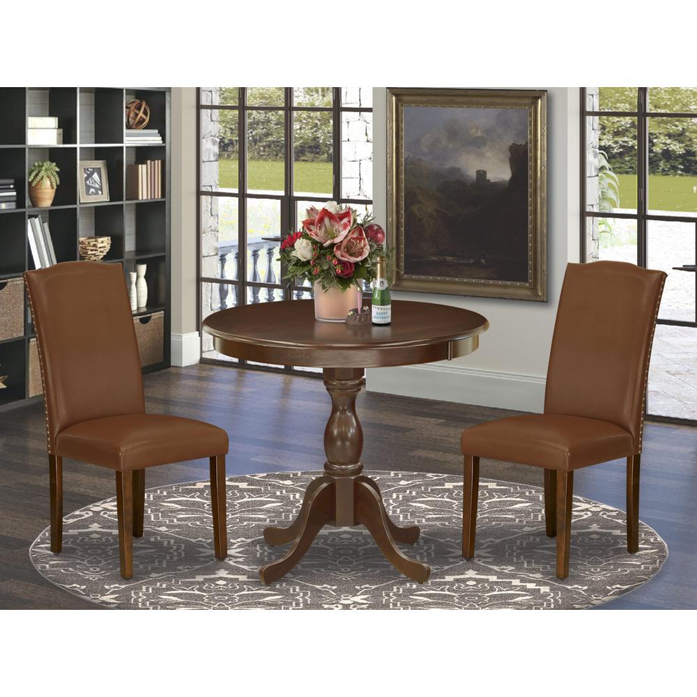 AMEN3-MAH-66 3 Piece DINETTE SET - 1 Wooden Dining Table and 2 Brown Upholstered Chairs - Mahogany Finish. Picture 1