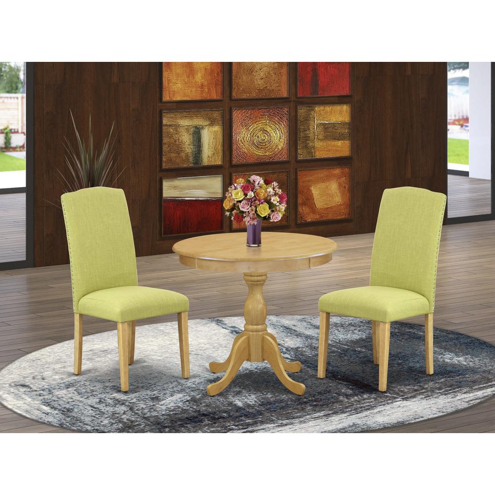 AMEN3-OAK-07 3 Piece DINETTE SET - 1 Dining Table and 2 Limelight Upholstered Dining Chairs - Oak Finish. Picture 1
