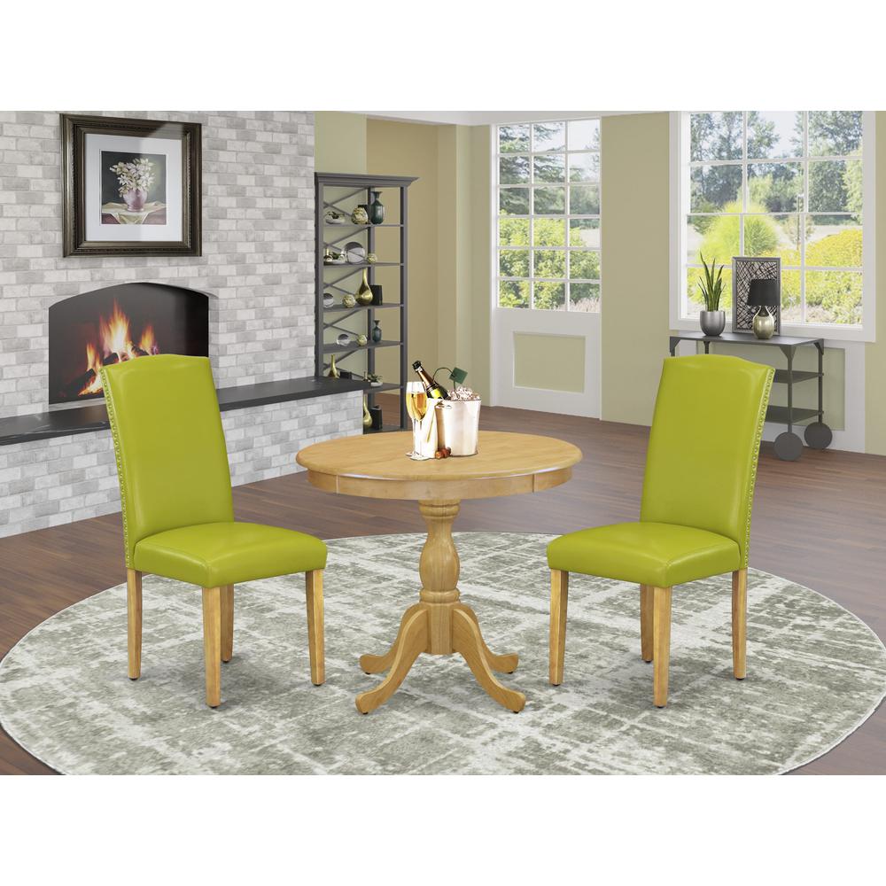 AMEN3-OAK-51 3 Piece Wooden Dining Table Set - 1 Pedestal Table and 2 Autumn Green Parsons Chair - Oak Finish. Picture 1
