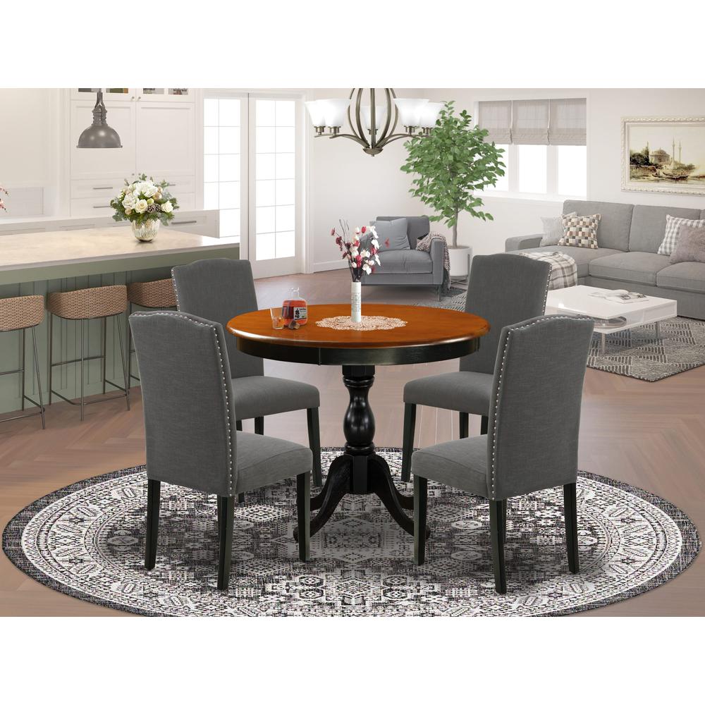 East West Furniture 5-Pc Round Kitchen Table Set Contains a Wood Kitchen Table and 4 Dark Gotham Grey Linen Fabric Kitchen Chairs with High Back - Black Finish. Picture 1