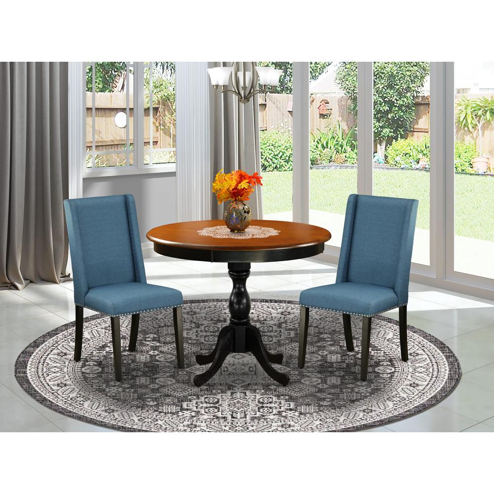 East West Furniture 3-Pc Dinning Room Set Includes a Wood Kitchen Table and 2 Blue Linen Fabric Dinning Chairs with High Back - Black Finish. Picture 2