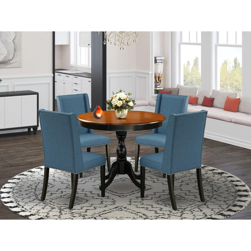 East West Furniture 5-Piece Wooden Dining Set Consists of a Kitchen Dining Table and 4 Blue Linen Fabric Dining Room Chairs with High Back - Black Finish. Picture 1
