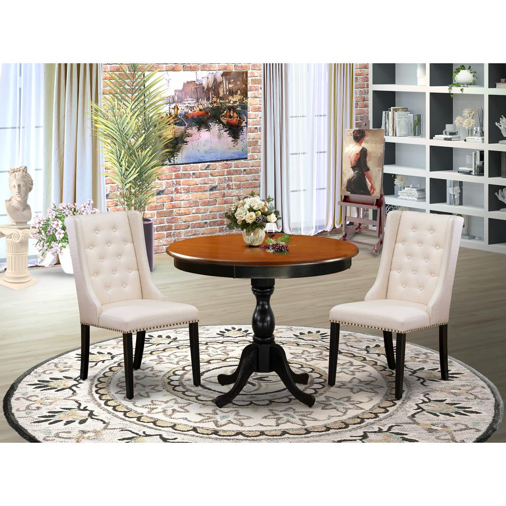 East West Furniture 3-Pc Wooden Dinette Set Consists of a Dinette Table and 2 Cream Linen Fabric Mid Century Modern Chairs with Button Tufted Back - Black Finish. Picture 1