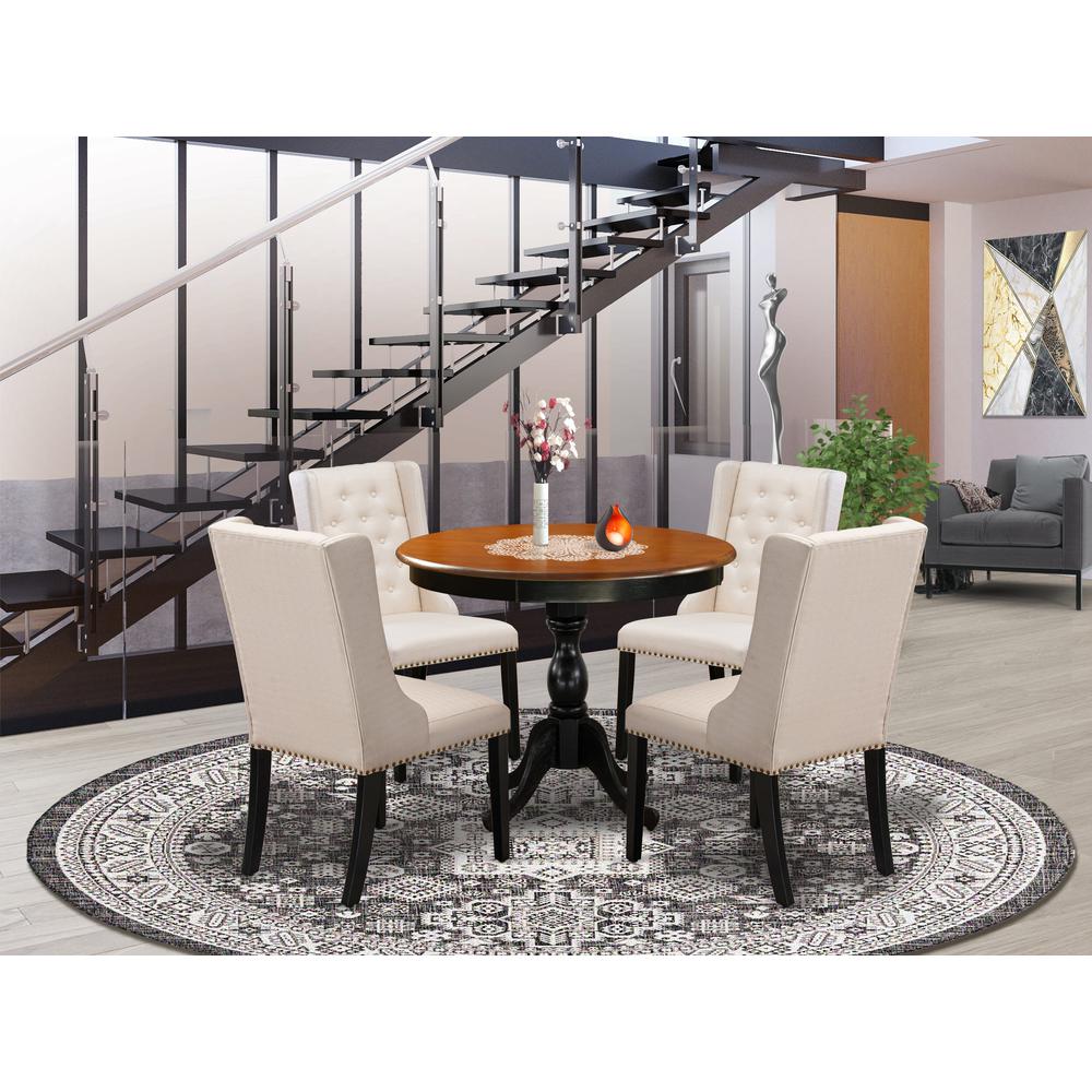 East West Furniture 5-Piece Modern Dining Table Set Contains a Wood Dining Table and 4 Cream Linen Fabric Dining Room Chairs with Button Tufted Back - Black Finish. Picture 1