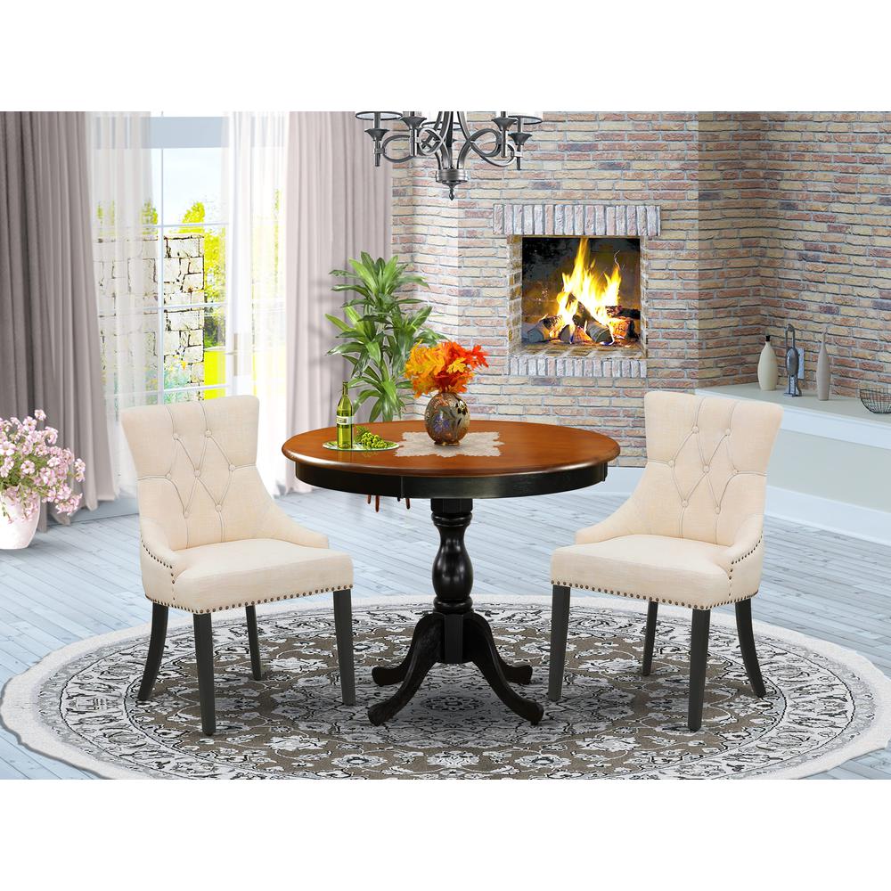 East West Furniture 3-Pc Dining Table Set Consists of a Kitchen Table and 2 Light Beige Linen Fabric Upholstered Chairs with Button Tufted Back - Black Finish. Picture 2