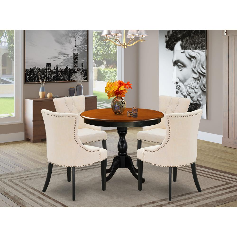 East West Furniture 5-Piece Round Dining Table Set Contains a Dining Room Table and 4 Light Beige Linen Fabric Dining Chairs with Button Tufted Back - Black Finish. Picture 1