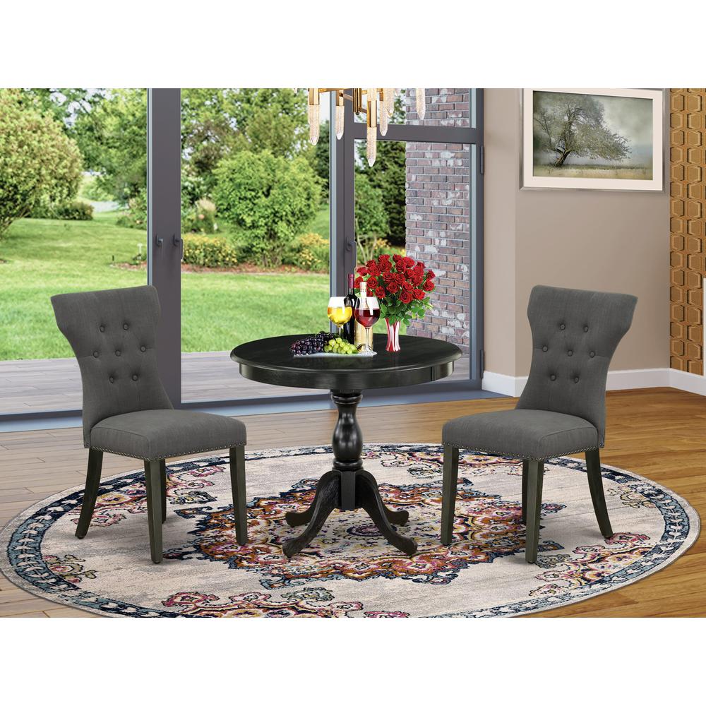 East West Furniture 3 Piece Dining Set Contains 1 Dining Table and 2 Dark Gotham Grey Linen Fabric Dining Chairs Button Tufted Back with Nail Heads - Wire Brushed Black Finish. Picture 1