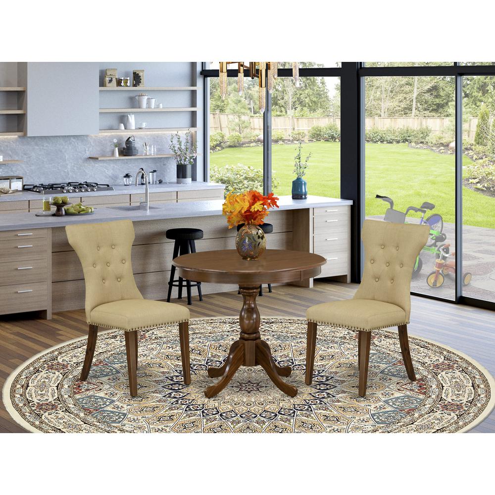 East West Furniture 3 Piece Dinning Room Table Set Contains 1 Dining Table and 2 Brown Linen Fabric Parson Dining Chairs Button Tufted Back with Nail Heads - Acacia Walnut Finish. Picture 1